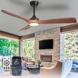 BvenuBigLite Outdoor Ceiling Fan with Light: 52 Inch 3 Blade Outdoor Fans for Patios - Modern Walnut Ceiling Fan with Dimmable Light Remote APP Control Ultra Quiet Reversible DC Motor Timer
