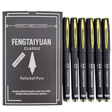 Fengtaiyuan 1.0mm Bold Black Gel Rollerball Pens, 6-Pack - Quick-Dry Ink & Non-Slip Grip