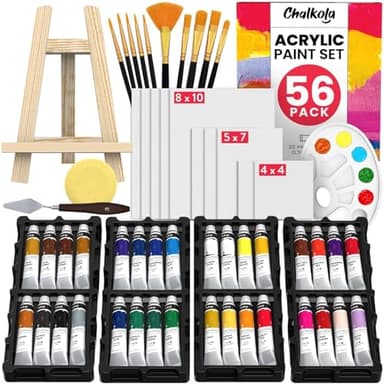 Chalkola Acrylic Paint Set for Adults & Kids - 56 Pcs Canvas Painting Kit with 32 Paints (22ml), 10 Brushes, 10 Canvases, Tabletop Easel, Palette, Knife - Professional Craft & Art Painting Supplies