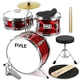 Pyle Kids Drum Set, 3 Piece Beginner Junior Drummer Kit with 13" Bass Drum, Snare, Tom, Cymbal, Adjustable Throne, Mutes, Drumsticks, Red