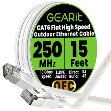 GEARit Cat 6 Outdoor Flat Ethernet Cable (15ft, White) Direct Burial Rated LLDPE Jacket - Indoor Cat6 Shielded FTP 10Gbps High Speed Gaming Computer Network RJ45 Snagless Patch Cord Internet
