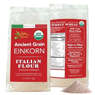 Organic Einkorn Flour – Made in Italy, Organic Ancient Grain, Non-Enriched, Unbleached, Unbromated, High Fiber & Protein, Ancient Whole Wheat Heirloom, 2.2 LB