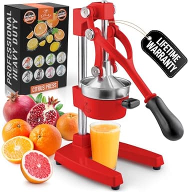 Zulay Kitchen Cast Iron Juicer - Easy-to-Clean Heavy-Duty Manual Juicer, Professional Citrus Juicer - Stainless Steel Lemon Squeezer - Manual Citrus Press & Orange Squeezer - Orange Juicer (Red)