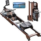 Dripex Rowing Machines for Home Foldable, Water Rowing Machine Max 350 LBS, Water Rower with Smooth Slide Rail, Comfortable Seat, Bluetooth App Supported, LCD Monitor, Wooden Row Machine for Home Gym