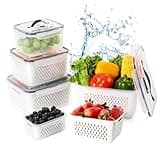 LUXEAR Larger 5PCS Fruit Storage Containers For Fridge, Produce Vegetable Saver Container with Lid Colander Vent Handle, BPA-Free Refrigerator Microwave Dishwasher Safe, Keep Fruits Veggie Food Fresh