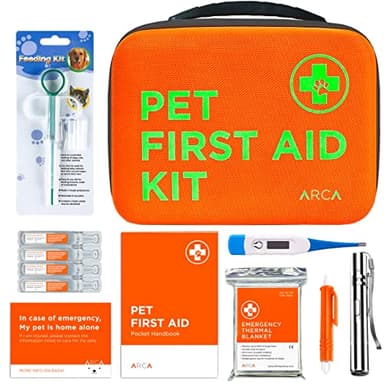 ARCA PET Cat & Dog First Aid Kit - High Visibility Reflective Zipper with Fluorescent Letter Print - 100 pcs with Dog Thermometer, Tick Remover Kit & Pet First Aid Kit Manual Book