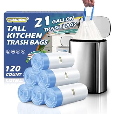 T.FORING 21 Gallon Trash Bags Drawstring 120 Count, 1.7 Mil White Garbage Bags Unscented,Easy-Dispense Roll for Kitchen & Household Use, Code G,79.5 L