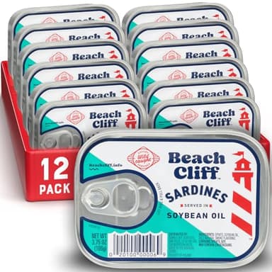 Beach Cliff Wild Caught Sardines in Soybean Oil, 3.75 oz Can (Pack of 12) - 13g Protein per Serving - Gluten Free, Keto Friendly - Great for Pasta & Seafood Recipes