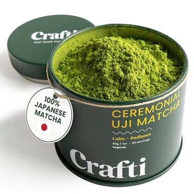 Crafti Ceremonial Grade Matcha Powder (Organic) - Unsweetened Authentic Japanese Daily Matcha Green Tea Powder from Uji, Kyoto for Barista-Grade Lattes (30g / 1.06oz)