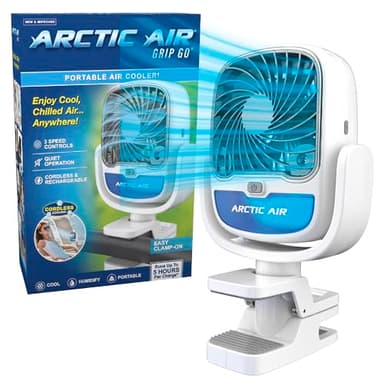 Arctic Air Grip Go Evaporative Cooler, Cordless & Portable Fan with 3 Speeds, Universal Clamp 360 Degrees Head Swivel, USB Charging, 5-Hour Battery, Personal for Home, Office, Car More, White