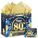 Blue 80th Birthday Gift Bag, Large Navy Blue Gold Happy 80th Birthday Gift Bag with Greeting Card and Tissue Paper for Men Women 80 Years Old Anniversary Birthday Party Favors Goodie Wrap Bag Supplies