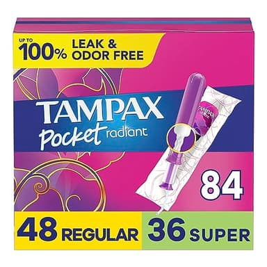 Tampax Compact Radiant Tampons for Women Multipack, with LeakGuard Braid & Extendable Applicator, Regular/Super Absorbency, Unscented, 84 Count (3 Packs of 28)
