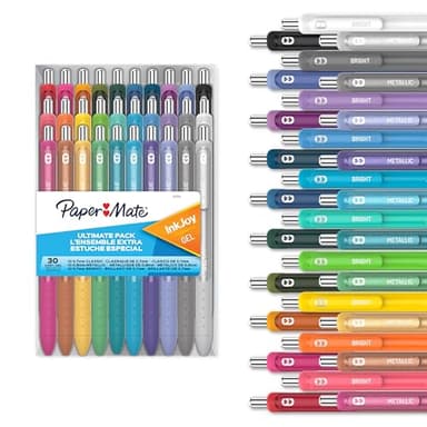 Paper Mate InkJoy Gel Pens Ultimate Pack,Retractable,Featuring Classic, Bright!, and Metallic Inks, Assorted, 30 Count - Perfect for Writing, Doodling, Bullet Journaling, Glitter, Sparkle, Writing Fun
