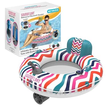Inspired Living Motorized Inflatable Pool Float Lounger Tube, Bluetooth 5 IPX7 Waterproof Speaker, Pool & Lake Float with Mesh Bottom, Cup Holder, Backrest, Heavy-Duty Handles, 66W Motor