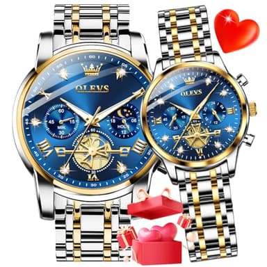 OLEVS Couple Watch His and Her Set Matching Watch Mens Womens Diamond Romantic Valentine’s Day Chronograph