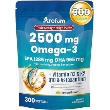 Arofum Omega 3 Fish Oil with Vitamin D3 K2 – 300 Lemon Flavored Burpless Softgels | Fish Oil Omega 3 Supplements Support Heart, Brain, Eyes & Immune Health | Gluten-Free, Non-GMO