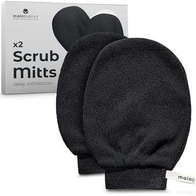 MainBasics Exfoliating Gloves for Shower - Korean Body Scrub Mitts for Dead Skin, Deep Cleansing, Spray Tan Prep & KP Treatment (2 Pack)