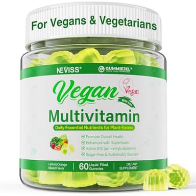 NEVISS Vegan Multivitamin for Women & Men w/Methyl B12, D3 K2, Plant Based Omega 3 (DHA+EPA), Iron, Choline, Zinc, Whole Food Daily Vitamins Gummies for Vegans & Vegetarians, Sugar Free, 60Cts