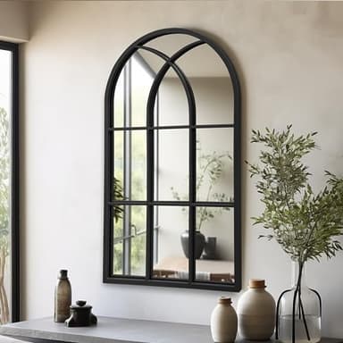 Dewfig Arched Window Wall Mirror, 42"x24", Decorative Mirror, Vanity Mirrors for Bathroom, Bedroom, Entryway, Living Room, Window Pane or Farmhouse Mirrors for Wall Decor, Metal Frame, Black