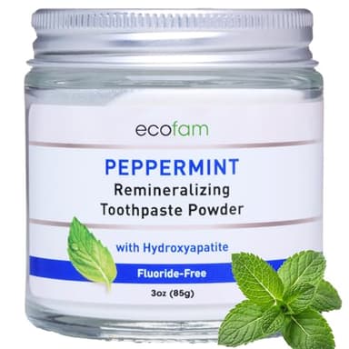 Ecofam Toothpaste Powder - Remineralizing Tooth Powder, Hydroxyapatite and Xylitol, Fluoride Free, Supports Enamel Strength & Gum Health - Peppermint