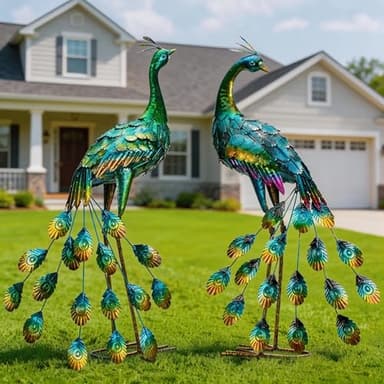 Kircust Metal Peacock Sculptures - Set of 2 Outdoor Garden Yard Art, Durable Weather-Resistant Lawn Statues, Hand-Painted, 30.7" H - Ideal for Backyard, Patio, and Porch Decor