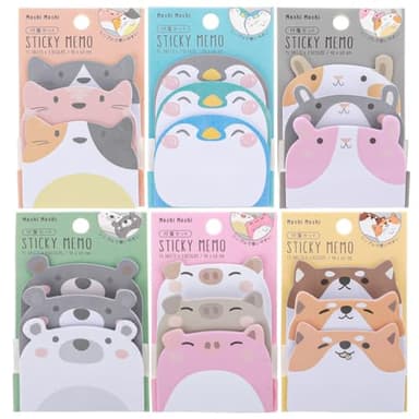 6-Pad Sticky Notes Kawaii Animal Posted Notes Set - Cute Self-Stick Memo Pads for Office, Home, Kids, and Students (3 Colors, 6 Styles)