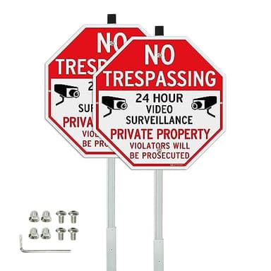 T&R Large No Trespassing Private Property Sign Video Surveillance Sign with 36" Stake for Outside - 2 Pack - 12"x12" .040 Rust Free Heavy Aluminum, Reflective, Waterproof, Weatherproof and Fade