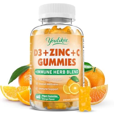 Youlikee Vitamin C + D3 + Zinc Gummies for Adults, Immune Support Supplement with Elderberry, Echinacea & Mullein Leaf - Antioxidant Support, Sugar Free, Orange Flavor, 60 Count