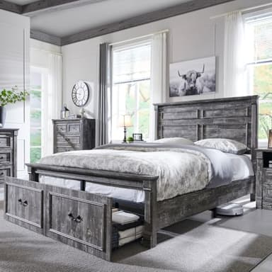 Aitjunz Farmhouse Queen Size Bed Frame with 51" Tall Headboard, Wood Platform Bed Frame with 20" Tall Roman Column Decoration Footboard & 2 Large Storage Drawers, No Box Spring Needed (Light Grey)