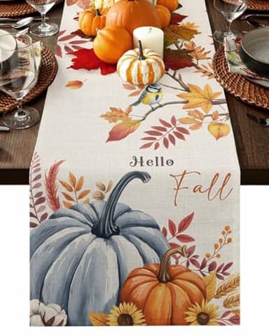Fall Cotton and Linen Table Runner Dinning Table Runner for Farmhouse,Wedding, Party, Barbecue, Thanksgiving Autumn Pumpkin Leaf Pkant Table Decor13 x 48"