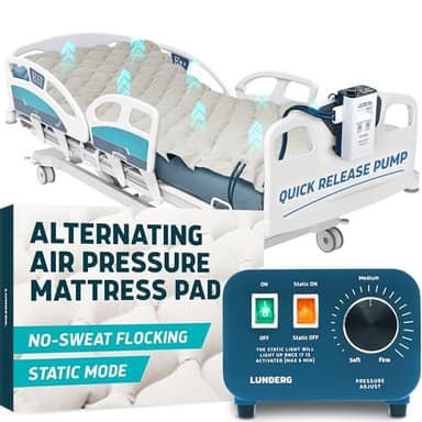 Lunderg Alternating Air Pressure Mattress Pad with Static Mode & Flocking Add-on - Comfortable Bed Sore Prevention - Includes Mattress Topper for Hospital Bed or Home & Quiet Pump - Doctor Recommended