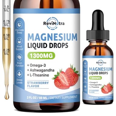 Triple Magnesium Complex Liquid Drops, 1300mg Magnesium Glycinate, Taurate & Citrate with Omega3, L-Theanine, Ashwagandha, Potassium, D3, B6, B12 for Calm, Sleep, Muscle, Strawberry Flavor, 2 Fl OZ