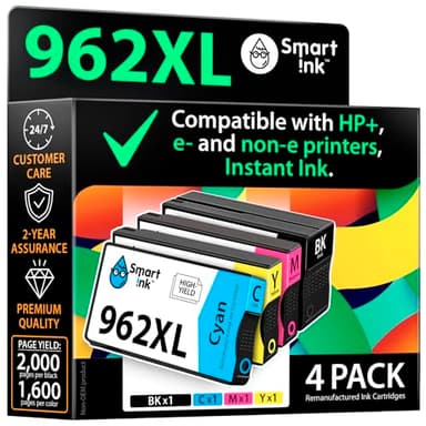 Smart Ink Remanufactured Ink Cartridges Replacement for HP 962XL 962 XL Combo Pack (962XL Black, Cyan, Magenta, Yellow) to use with OfficeJet Pro 9015e 9018e 9025e 9012e 9015 9010 9012 9018 9020 9025