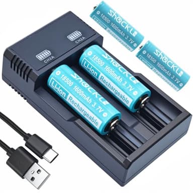 funkawa 18500 3.7V Rechargeable Batteries-4 Pack with Charger, Shockli 18500 3.7V Li-ion 1600mAh Rechargeable Battery with Button top for Flashlight, Solar Garden Light