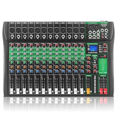 MIZISNR 12 Channel Audio Mixer, Professional DJ Mixer Board Sound Music Mixing Console Digital Mixer with Reverb, Bluetooth, USB Port, 48V Phantom Power for Recording Karaoke Podcasting