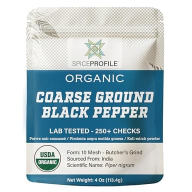 Spice Profile USDA Organic Coarse Ground Black Pepper, Lab Tested for Heavy Metals, Resealable 4 oz Pouch, Kaali Mirch, Pimienta Negra Molida