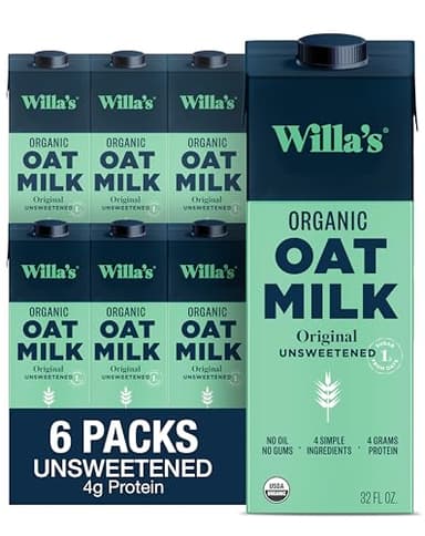 Willa's Organic Oat Milk - Unsweetened Original Oatmilk, Non-GMO, Shelf Stable, Low Sugar, Non-Dairy Vegan Milk, Made from Whole Oats, No Oil, No Gums, 32oz, Pack of 6