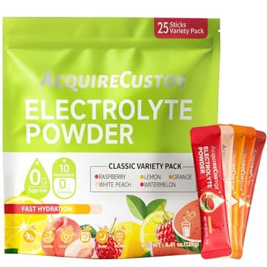 Electrolytes Powder Packets 25 Sticks Hydration Packet Sugar Free Electrolyte Drink Mix 5 Flavors for Rehydration with Minerals Nutrients with Lemon, Watermelon, Orange, Raspberry, White Peach