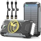 Solar Charger 38600mAh,Solar Power Bank Wireless Portable Charger Built in 3 Cables External Battery Pack Waterproof with 4 Outputs 2 Inputs USB C 15 W 5V/3A Battery Bank with Camping Light Compass