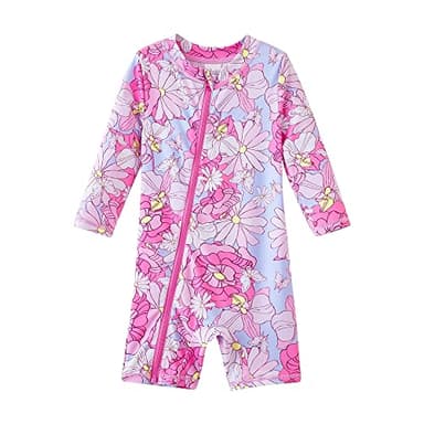 UMELOK Toddler Girls Swimsuit One Piece Full Zip with Long Sleeve UPF 50+ Sun Protection Swimwear Rash Guard Shirts Pink Flower,3Y