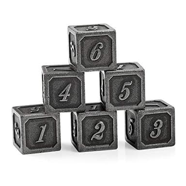 DNDND Ancient Silver D6 Dice Set, 6 Pieces Six Sides Solid Metallic Dice with Free Black Velvet Bag for DND RPG Pathfinder Shadowrun or GURPs