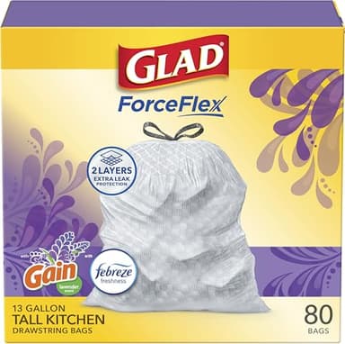 Glad ForceFlex Tall Kitchen Drawstring Trash Bags, 13 Gal, Gain Lavender, 80 Ct (Package May Vary)