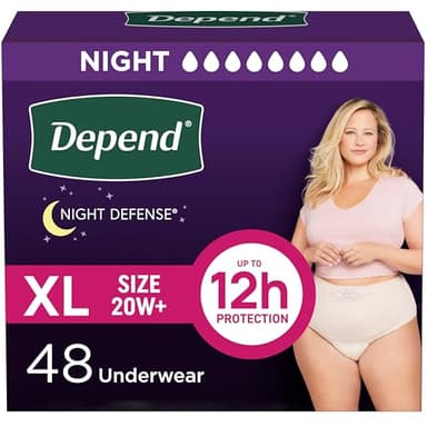 Depend Night Defense Adult Diapers, Incontinence & Postpartum Bladder Leak Underwear for Women, Disposable, Overnight, Extra-Large, Blush, 48 Count (4 Packs of 12), Packaging May Vary