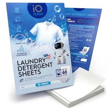 iO CLEAN Laundry Detergent Sheets Unscented, 30 Count – Hypoallergenic Laundry Soap Sheets for Sensitive Skin – Travel Friendly Washing Detergent Sheets for HE & Standard Washers