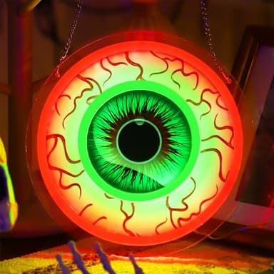 Halloween Window Decorations Indoor Lights, Eyeball Shaped Neon Signs, Red and Green Led Lights Battery Operated Or USB Powered,Cute Gothic Decor for Home, Room, Wall, Office, Mental(1Pack)