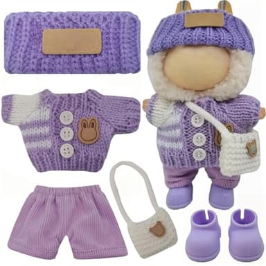 Clothes Set for 17cm Doll, Handcrafted Crochet 5 Piece Set Sweaters Hat Backpack Pants Shoes, Clothes Outfit Accessories for Dolls (No Doll) Purple