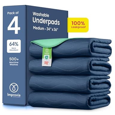 IMPROVIA® Washable Underpads, Heavy Absorbency Reusable Incontinence Pads for Kids, Adults, Elderly, and Pets, Waterproof Protection Floor - Navy & Green, 34"x36" (Pack of 4)
