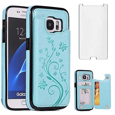Phone Case for Samsung Galaxy S7 with Tempered Glass Screen Protector Card Holder Wallet Cover Stand Flip Leather Cell Accessories Glaxay S 7 Galaxies 7s Gaxaly GS7 SM-G930V G930A Cases Women Green