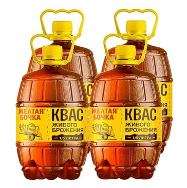 Imported Russian Rye Bread Soft Drink Kvass Live-Fermentation Yellow Barrel Trehsosnensky Set of 4-1.5 liters / 50.72 fl oz Zheltaya Bochka