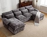 Siiejia U Shape Cloud Couches for Living Room, 4 Seats Comfy Sectional Sofa, Modular Chenille Couch with Double Reversible Chaise for Apartment Spacious Space, Dark Grey